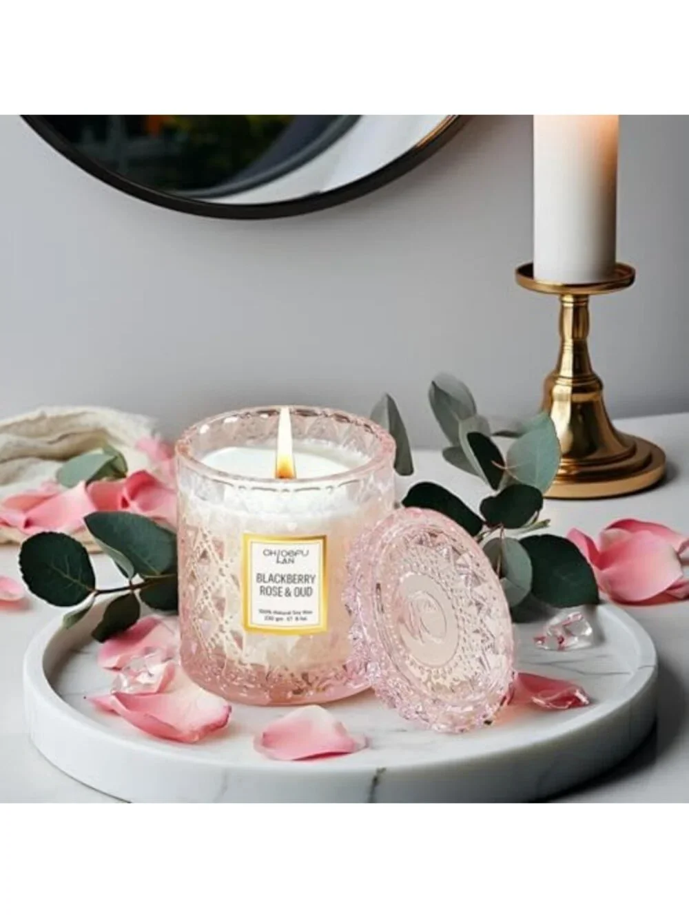 Rose & Oud Scented Candle - Long Burning 55 Hours, Natural Soy Wax, Perfect Gift